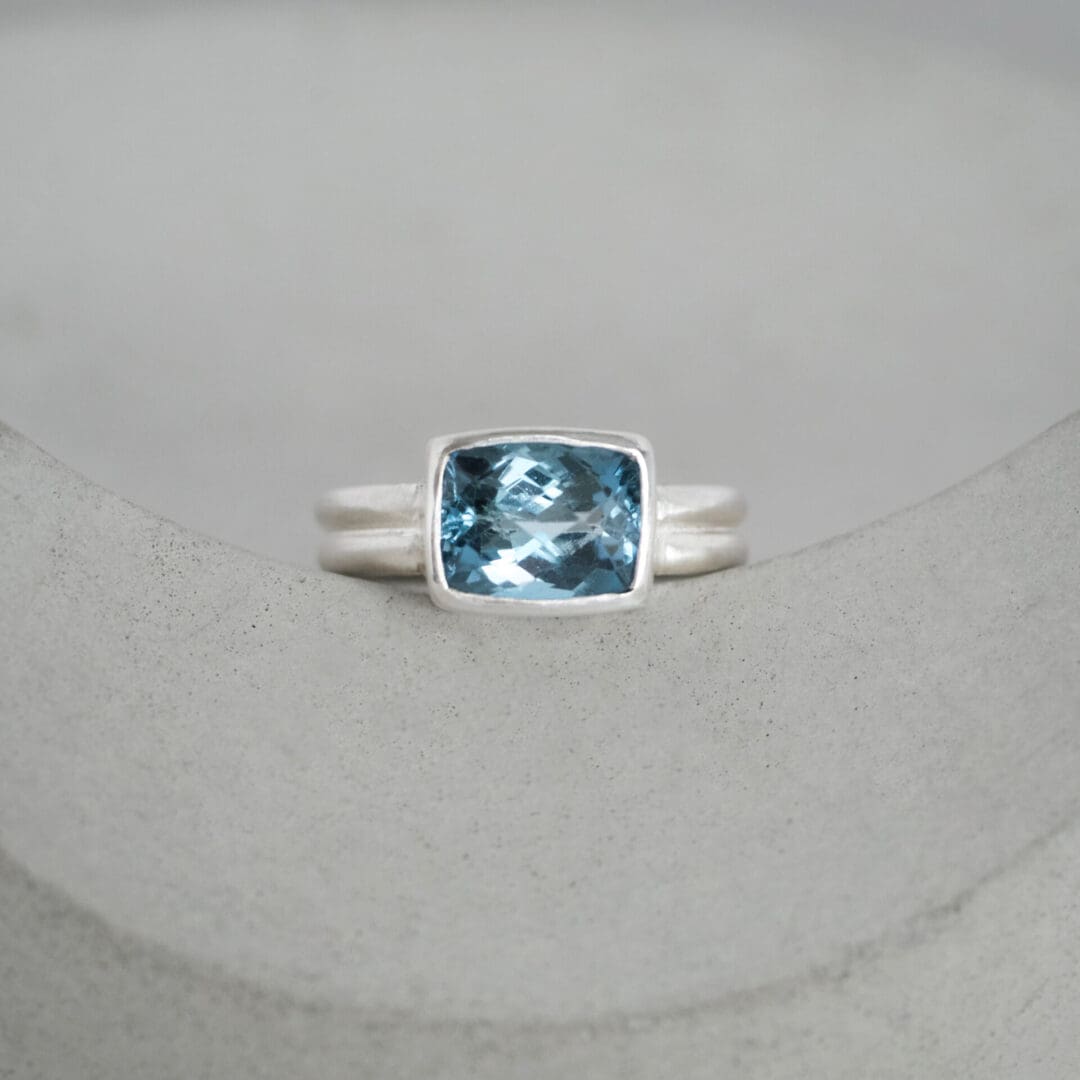 Rose cut London Blue Topaz and Argentium Silver dual ring