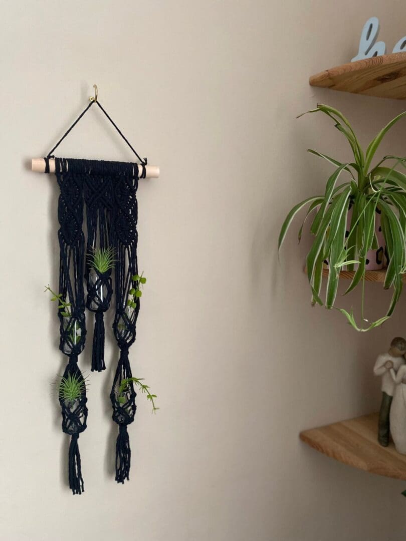 Macrame plant propagation station wall hanging made with recycled cotton