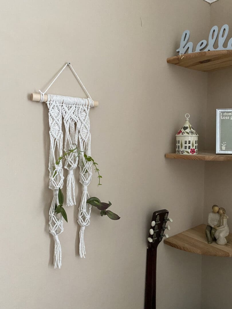 Macrame plant propagation station wall hanging made with recycled cotton