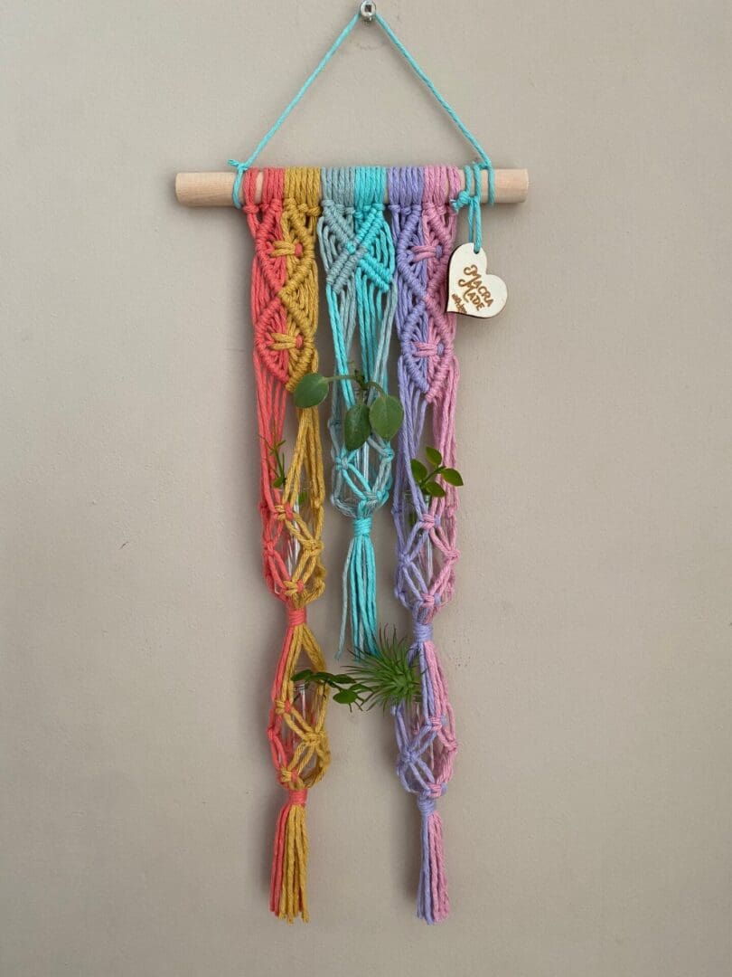 Macrame plant propagation station wall hanging made with recycled cotton