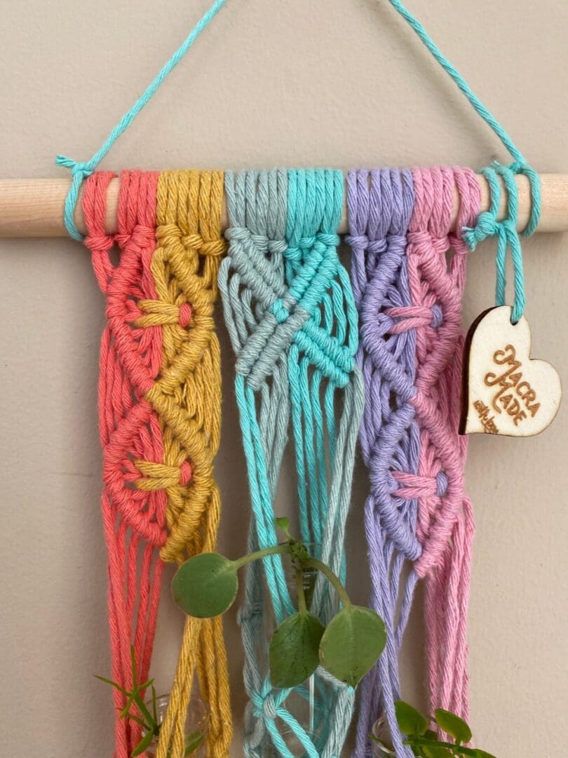 Macrame plant propagation station wall hanging made with recycled cotton