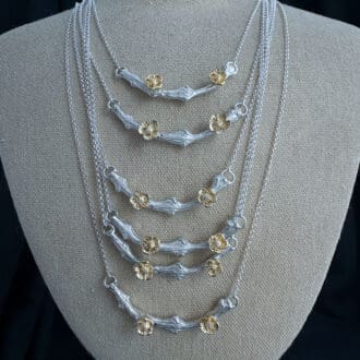 Handmade Golden Blossom and Sterling Silver Twig Necklace With 24k Gold