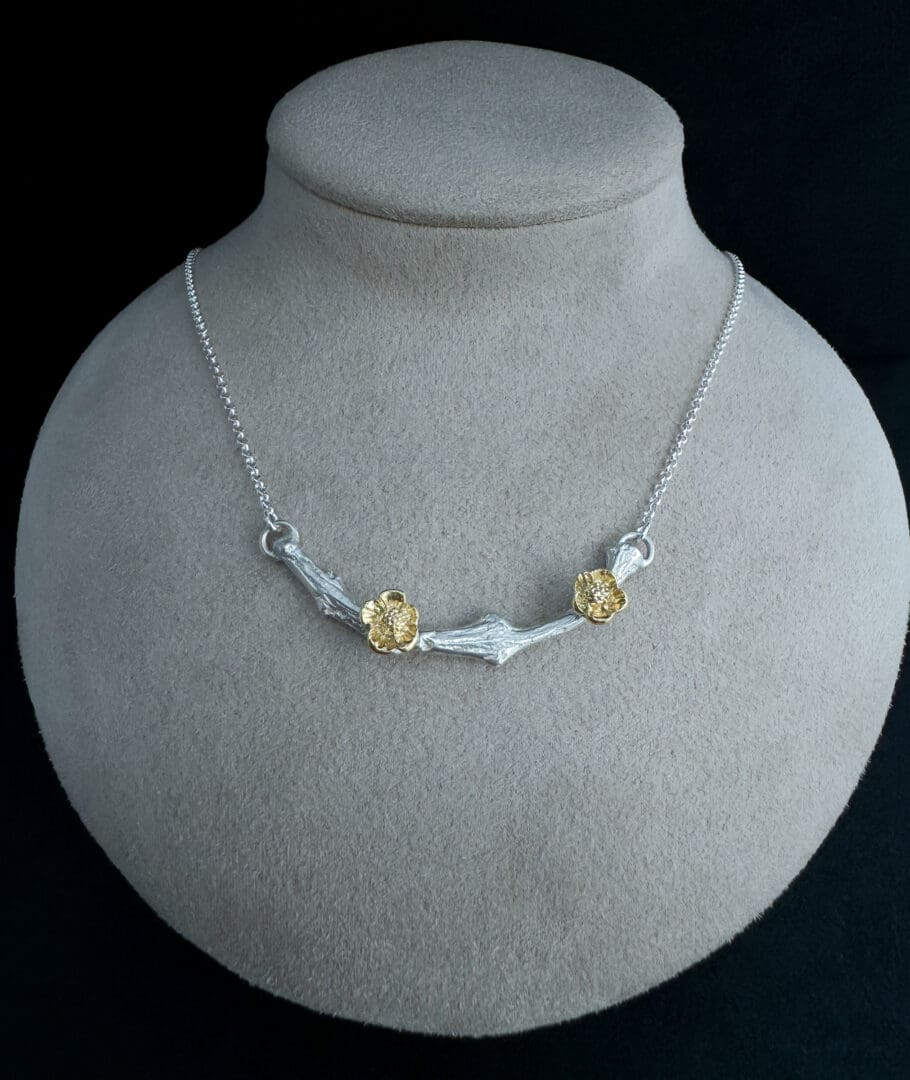 Handmade Golden Blossom and Sterling Silver Twig Necklace With 24k Gold