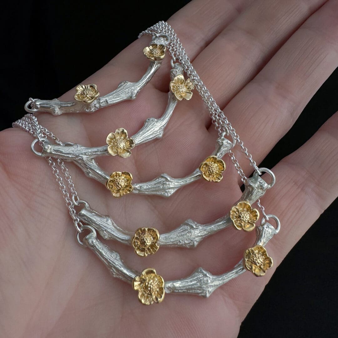 Handmade Golden Blossom and Sterling Silver Twig Necklace With 24k Gold