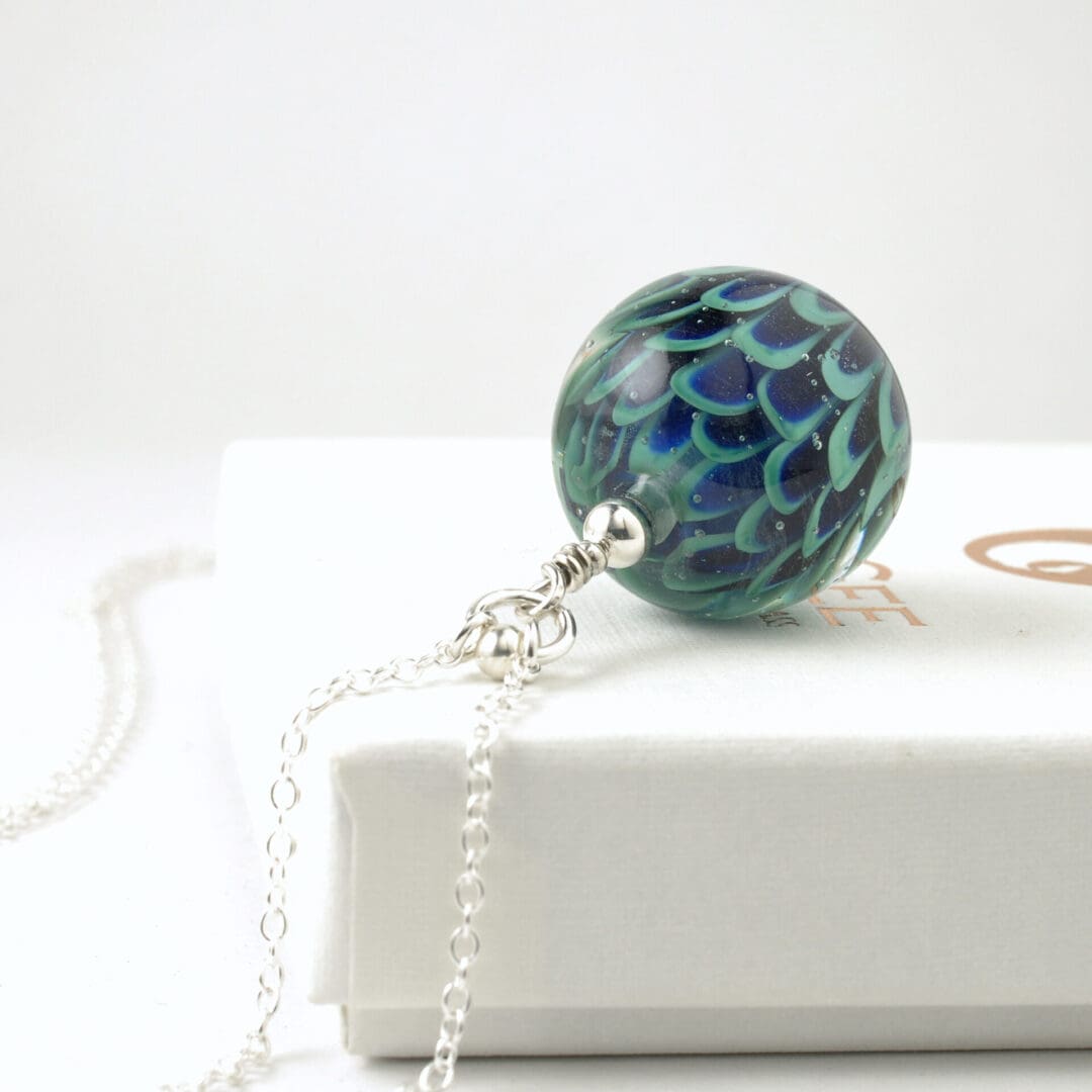 Long Teal Blue Handmade Lampwork Glass Flower Necklace