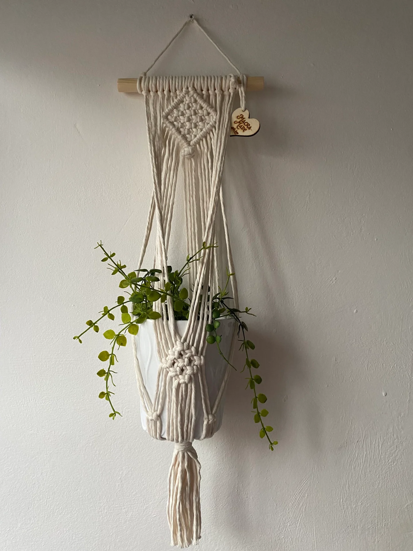 Macrame wall hanging indoor plant holder, made with natural recycled cotton on a wooden dowel.