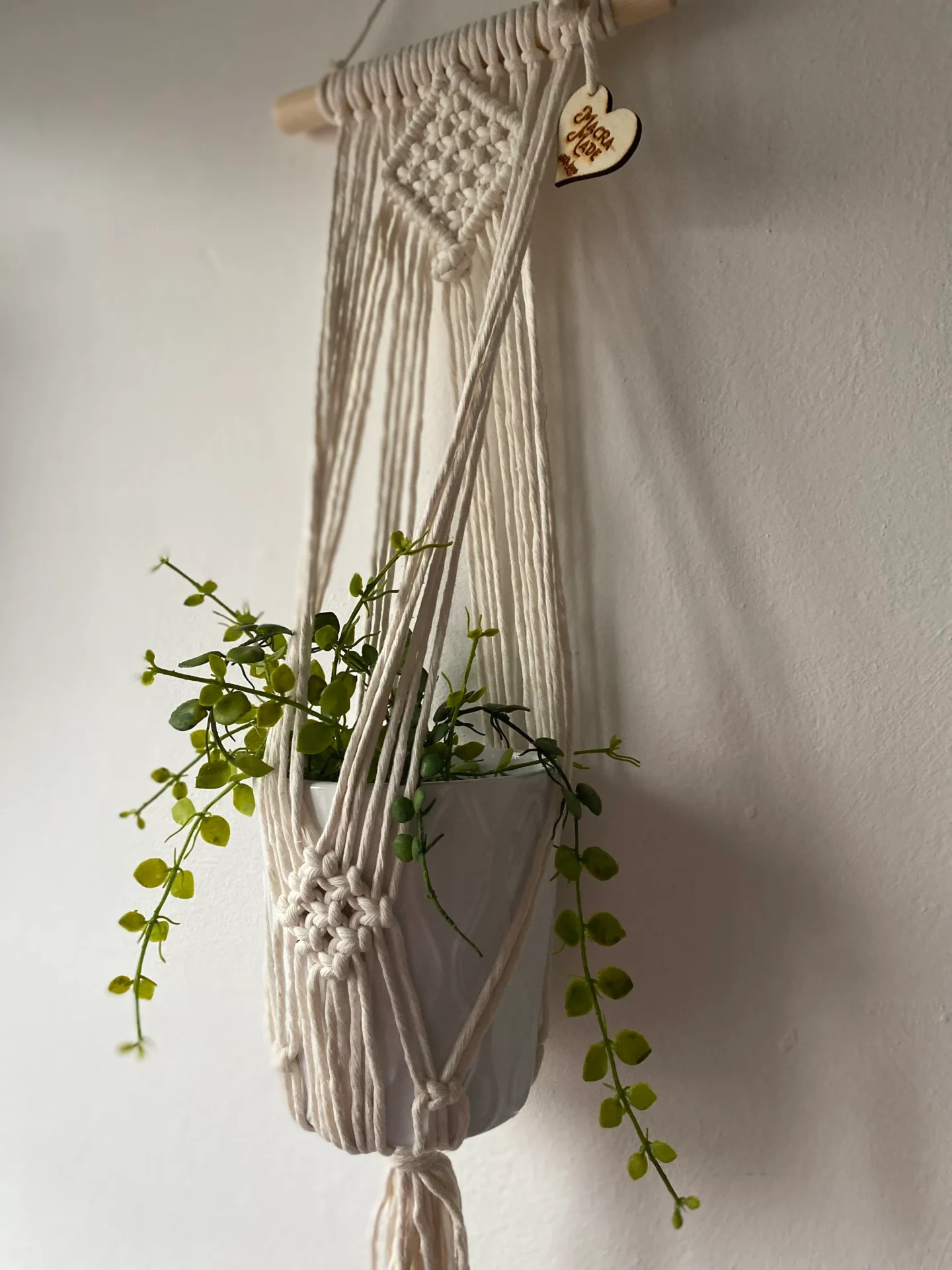 Macrame wall hanging indoor plant holder, made with natural recycled cotton on a wooden dowel.