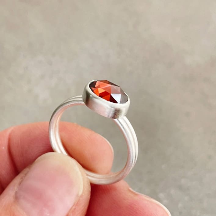 Rose cut Peach Zircon dual ring in Argentium Silver