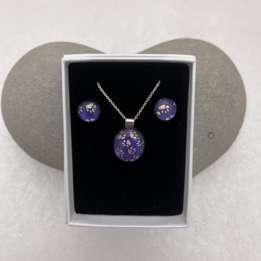 Purple paw print dichroic glass necklace and earring set