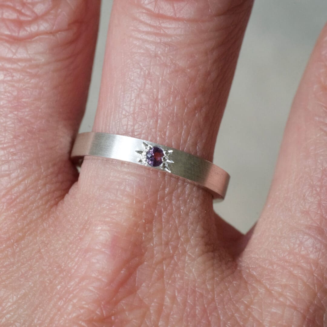 Purple spinel star set argentium ring band, handmade, worn