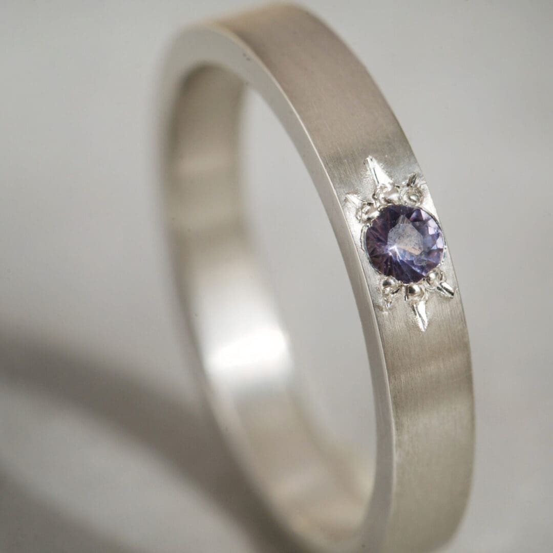 Purple spinel star set argentium ring band, handmade