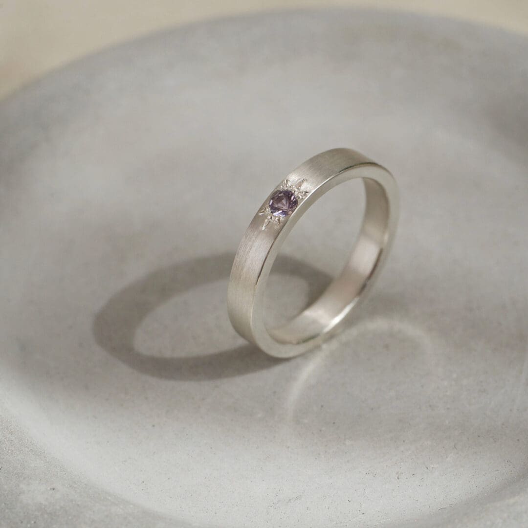 Purple spinel star set argentium ring band, handmade