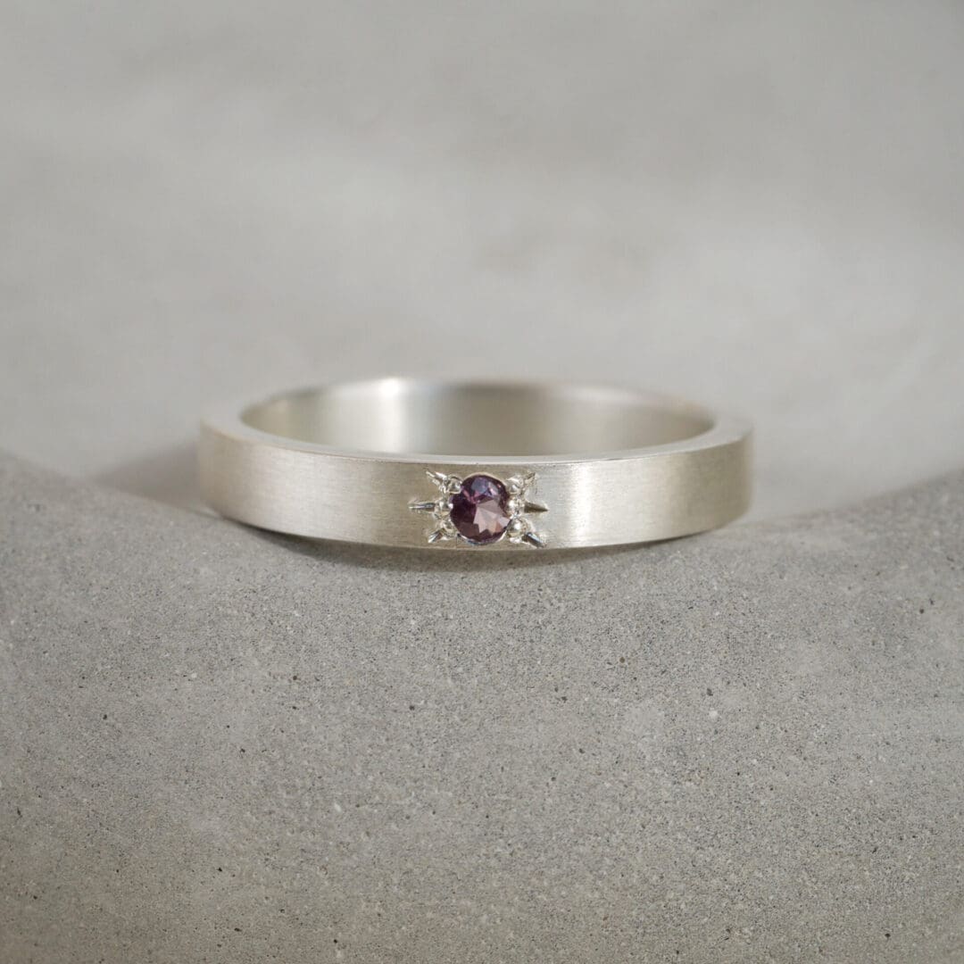 Purple spinel star set argentium ring band, handmade