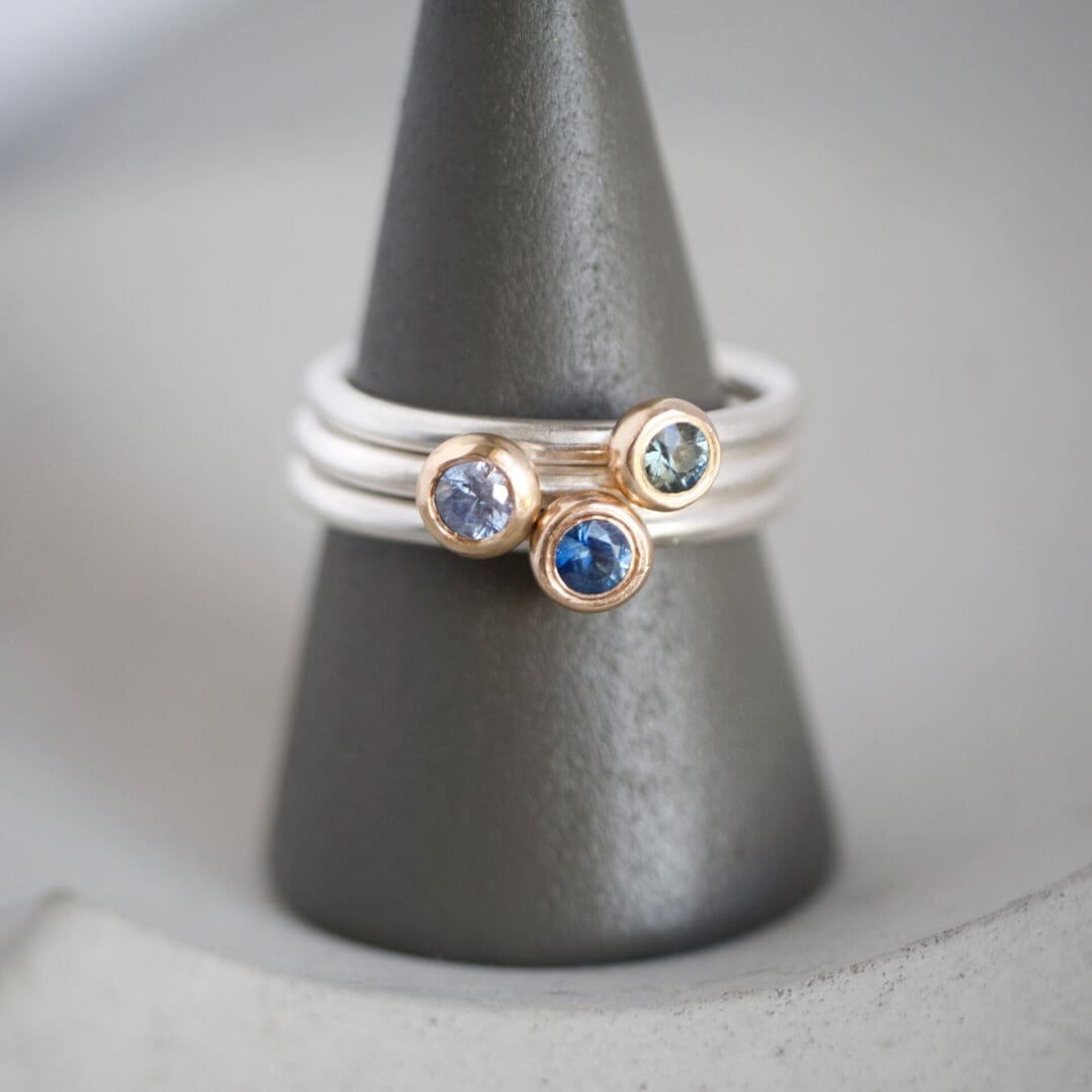 Blue Sapphire stackers, 9ct yellow gold and sterling silver