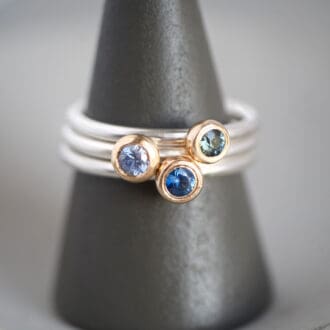 Blue Sapphire stackers, 9ct yellow gold and sterling silver