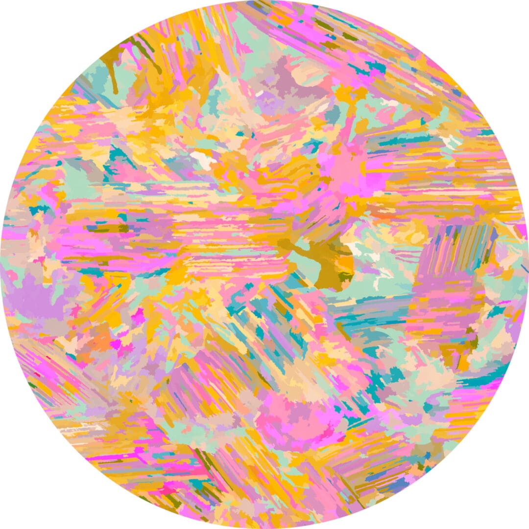 Example of fabric used. Abstract fabric design in soft pastel tones, featuring vibrant strokes of pink, yellow, turquoise, and beige, creating a painterly, textured pattern.