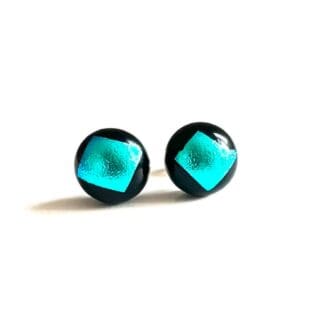 Bright turquoise blue dichroic glass stud earrings on sterling silver backs