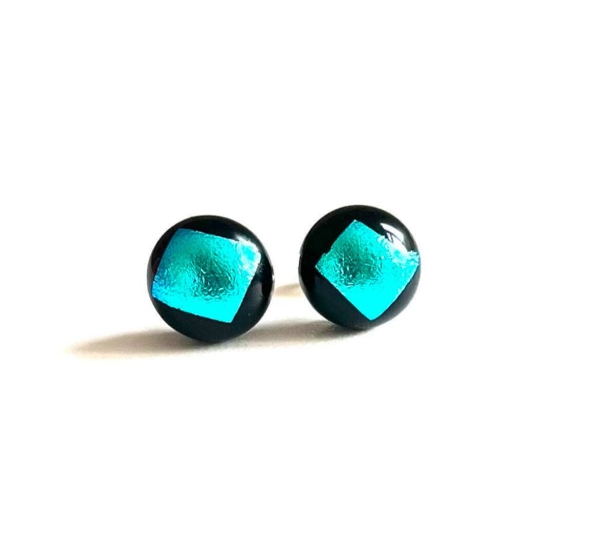 Bright turquoise blue dichroic glass stud earrings on sterling silver backs