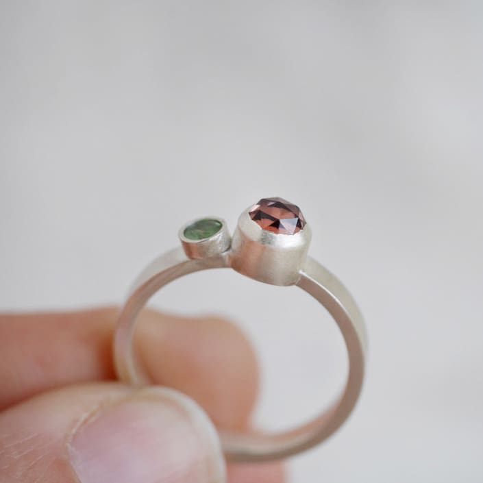 Garnet and Zircon asymmetrical argentium silver ring