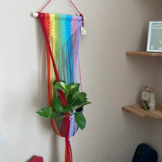 Large rainbow coloured wall hanging macrame plant hanger made with recycled cotton