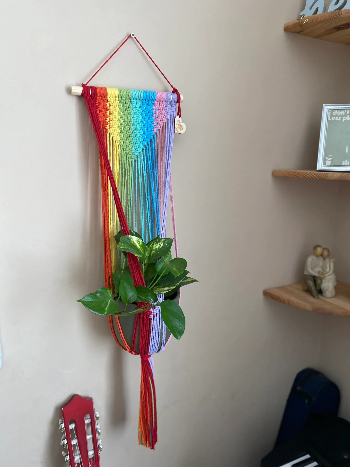 Large rainbow coloured wall hanging macrame plant hanger made with recycled cotton