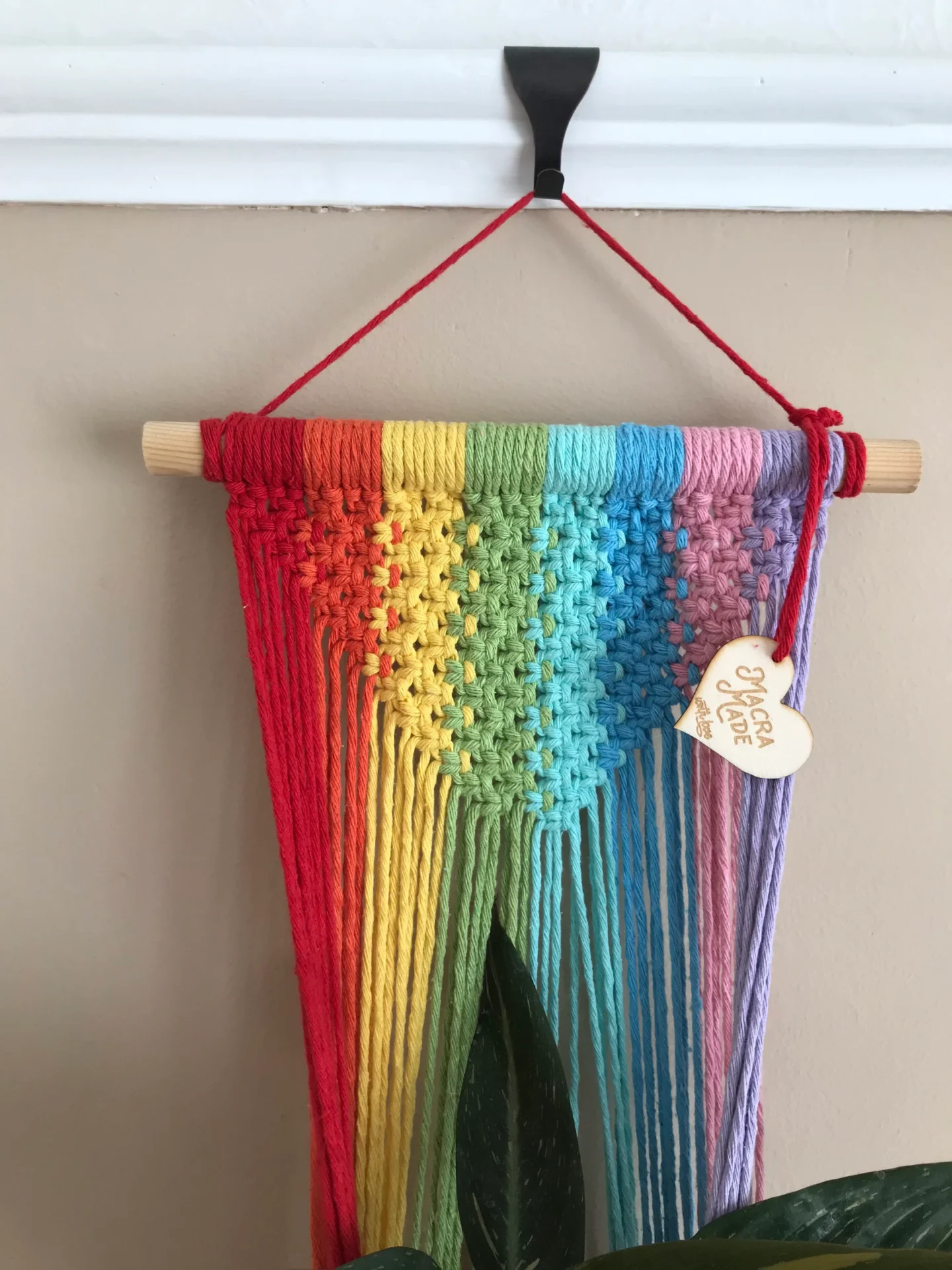 Large rainbow coloured wall hanging macrame plant hanger made with recycled cotton