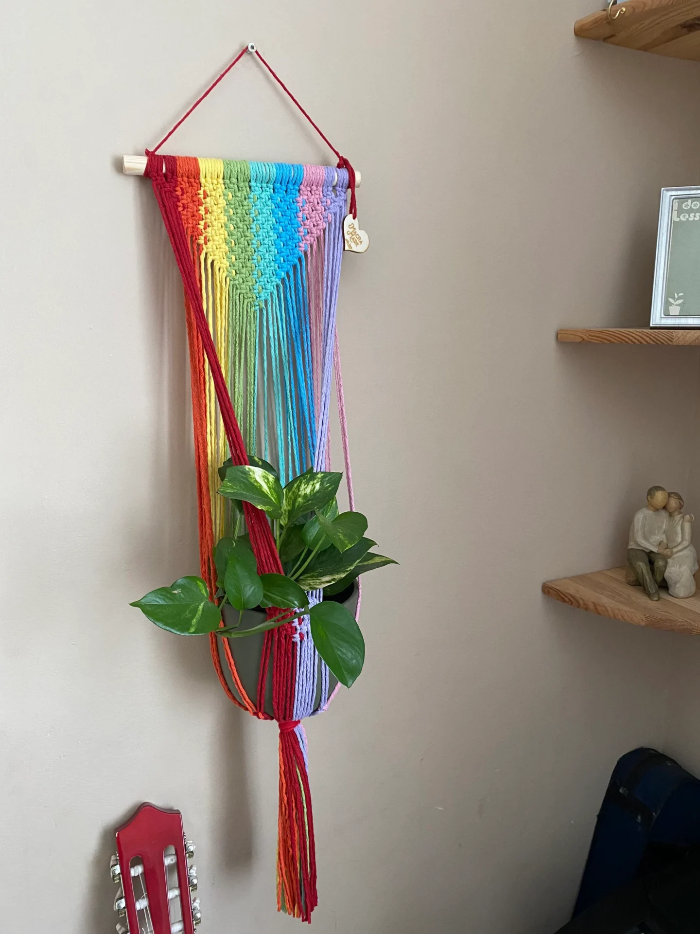 Large rainbow coloured wall hanging macrame plant hanger made with recycled cotton