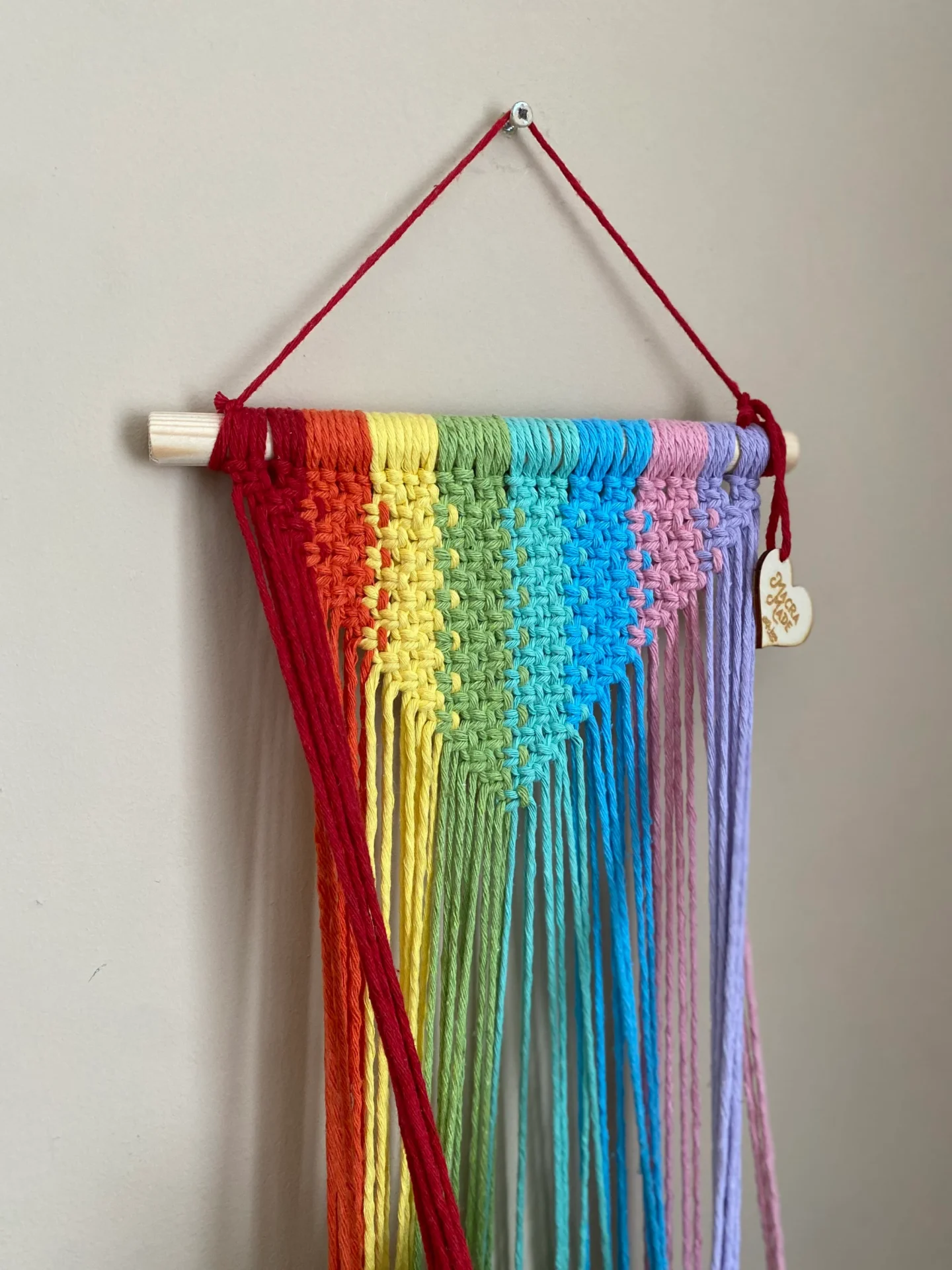 Large rainbow coloured wall hanging macrame plant hanger made with recycled cotton