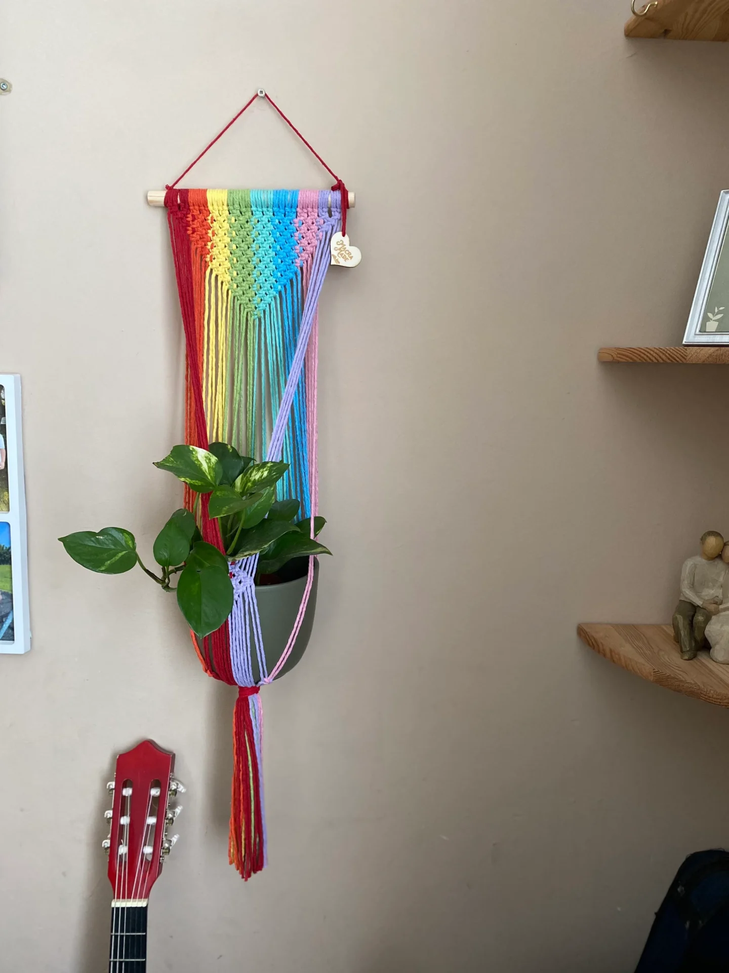 Large rainbow coloured wall hanging macrame plant hanger made with recycled cotton