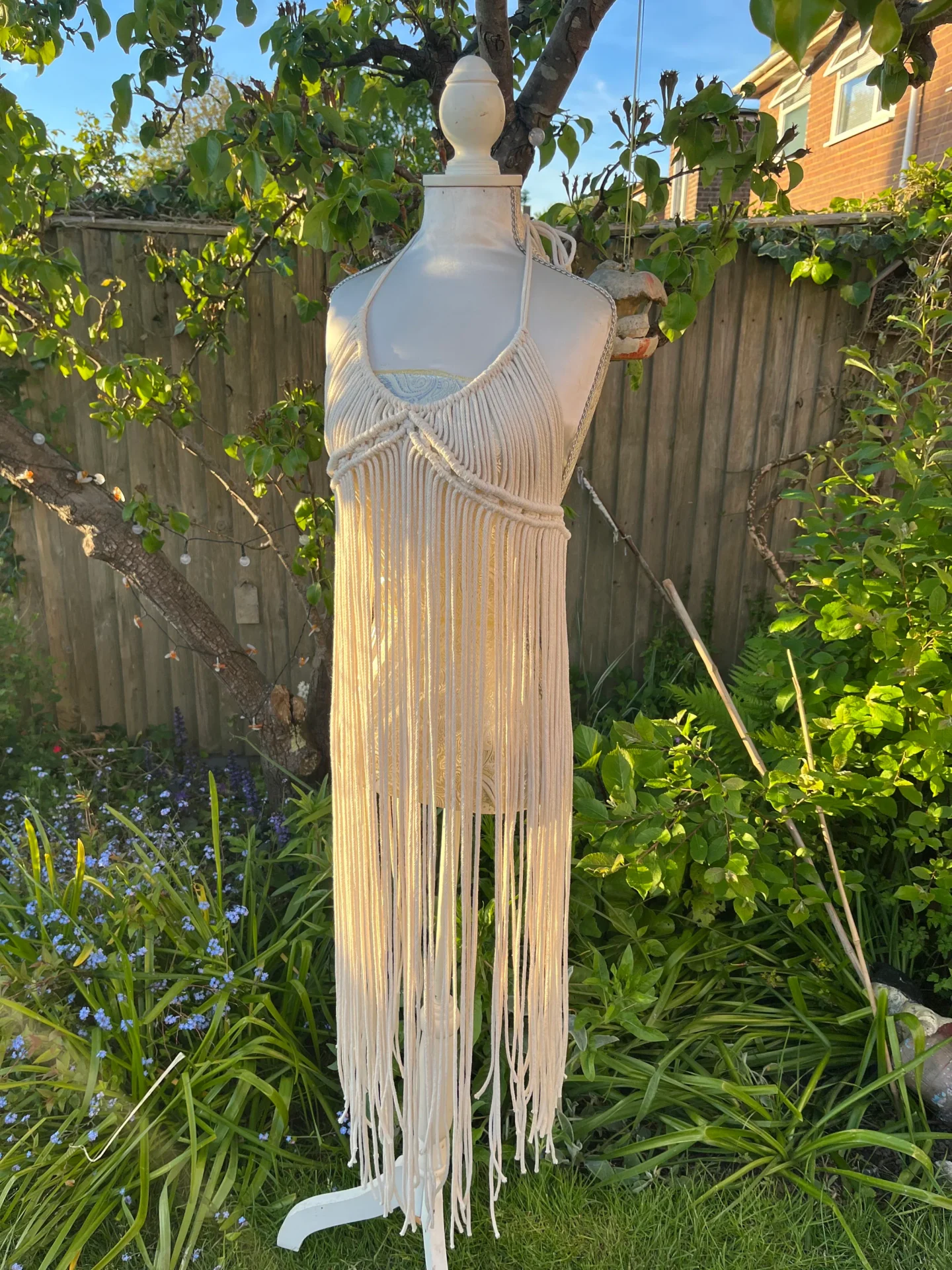 Macrame goddess boho style beach coverup dress made with recycled cotton