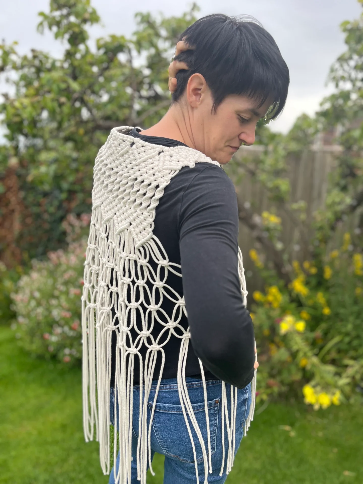 Macrame waistcoat handmade using eco friendly recycled cotton