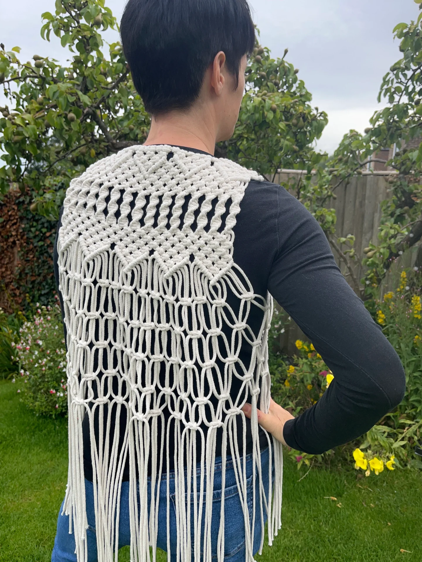 Macrame waistcoat handmade using eco friendly recycled cotton