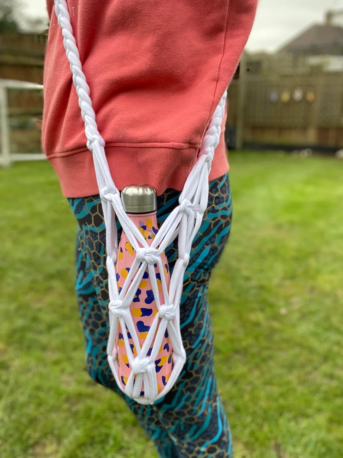 macrame bottle holder made with recycled t shirt yarn