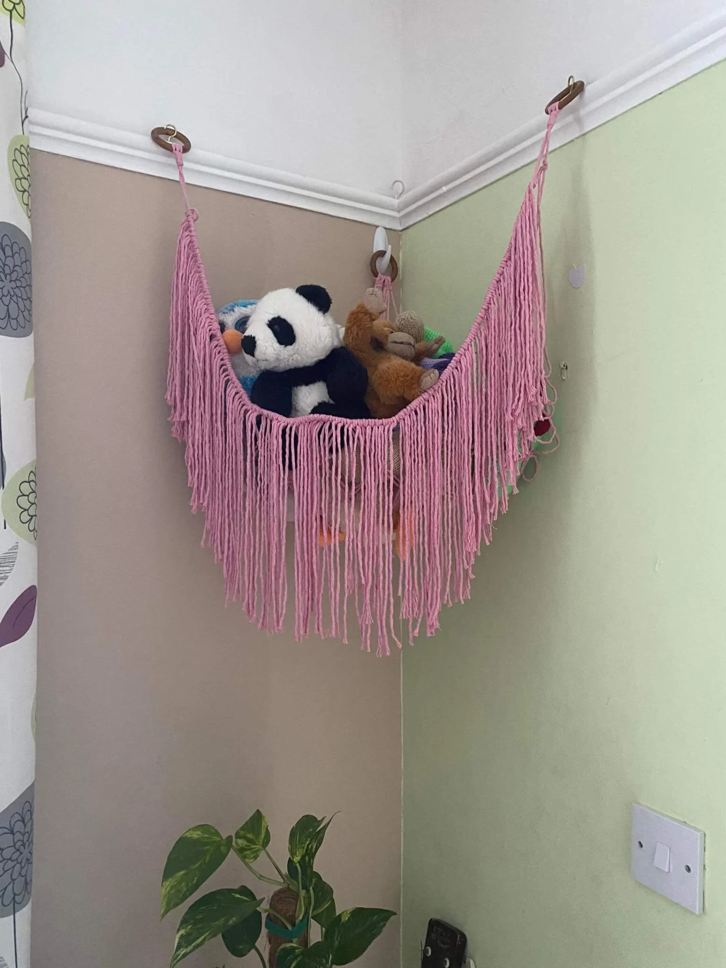 Macrame corner soft toy storage hammock made with recycled cotton