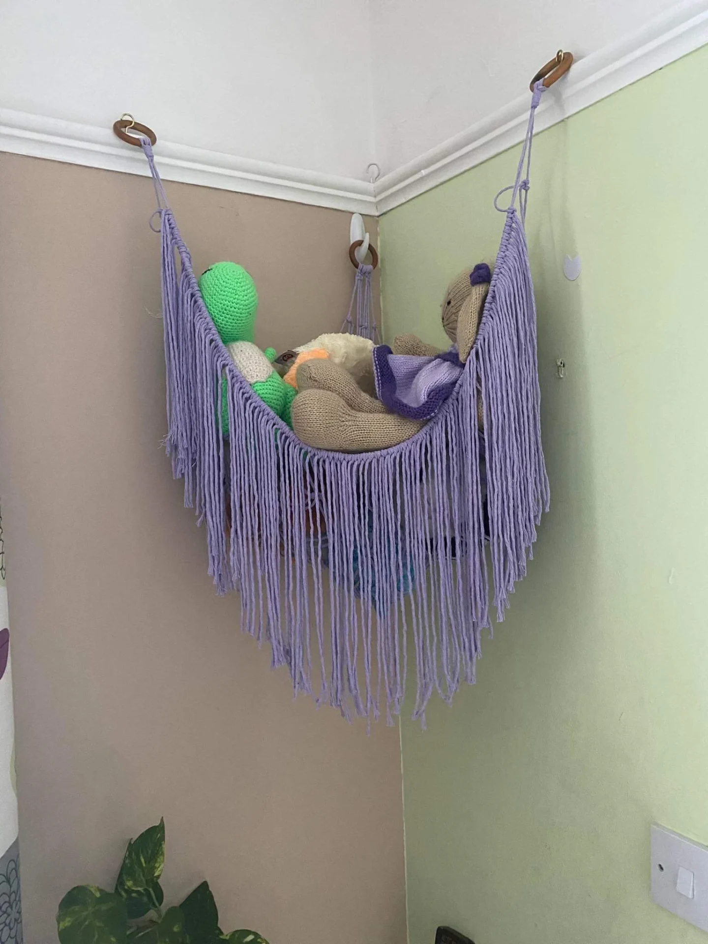 Macrame corner soft toy storage hammock made with recycled cotton