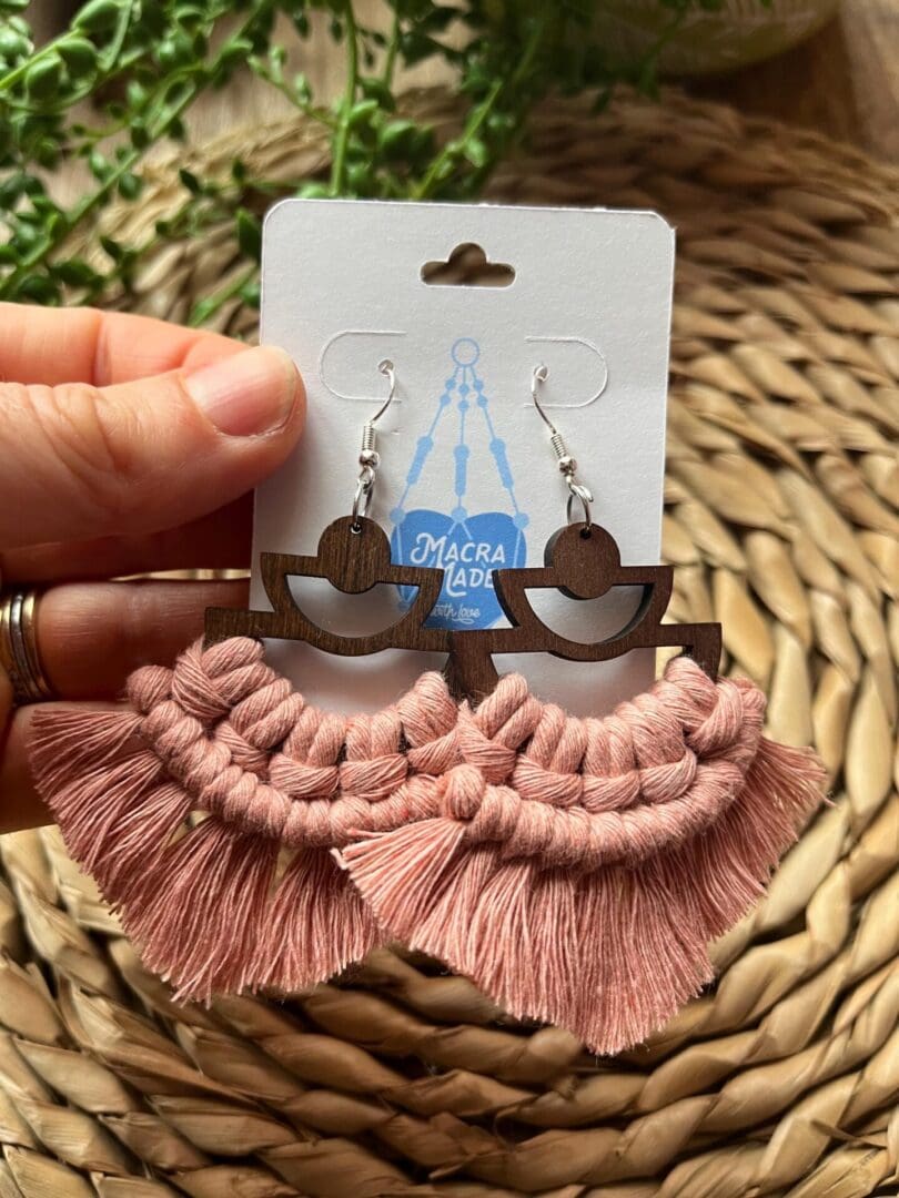 Macrame fringed earrings made with walnut wood and recycled cotton