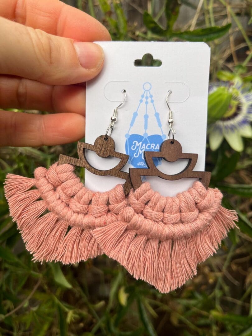 Macrame fringed earrings made with walnut wood and recycled cotton