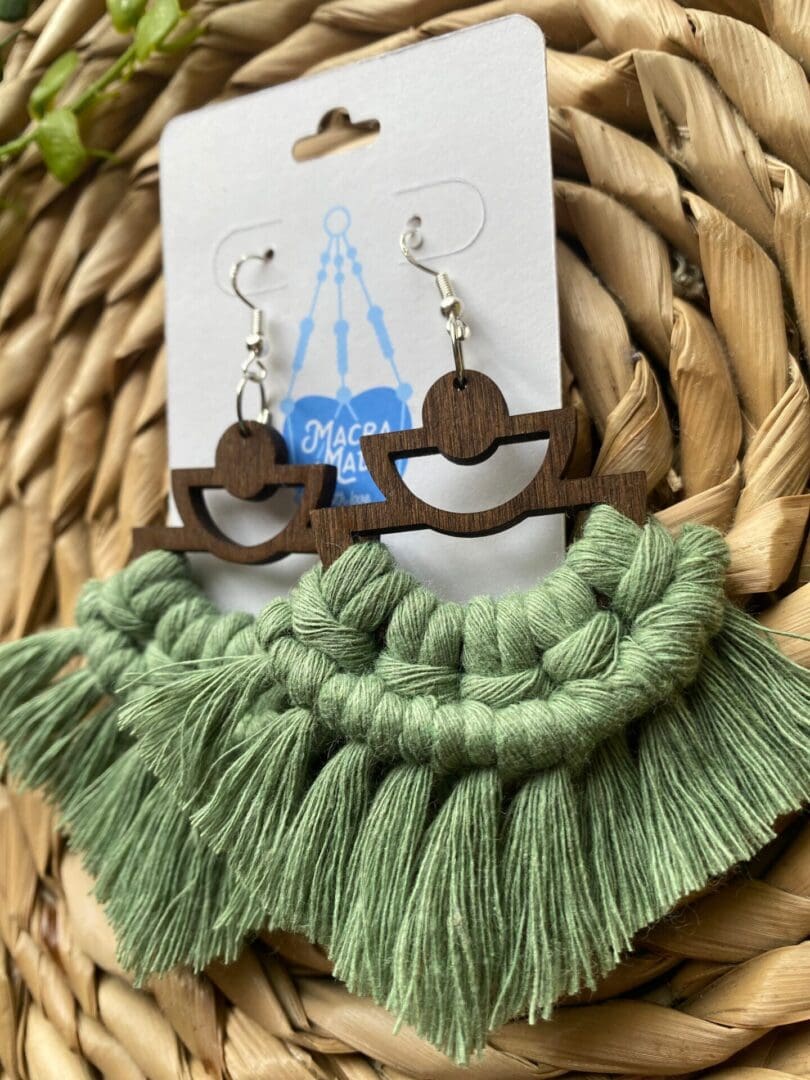 Macrame fringed earrings made with walnut wood and recycled cotton