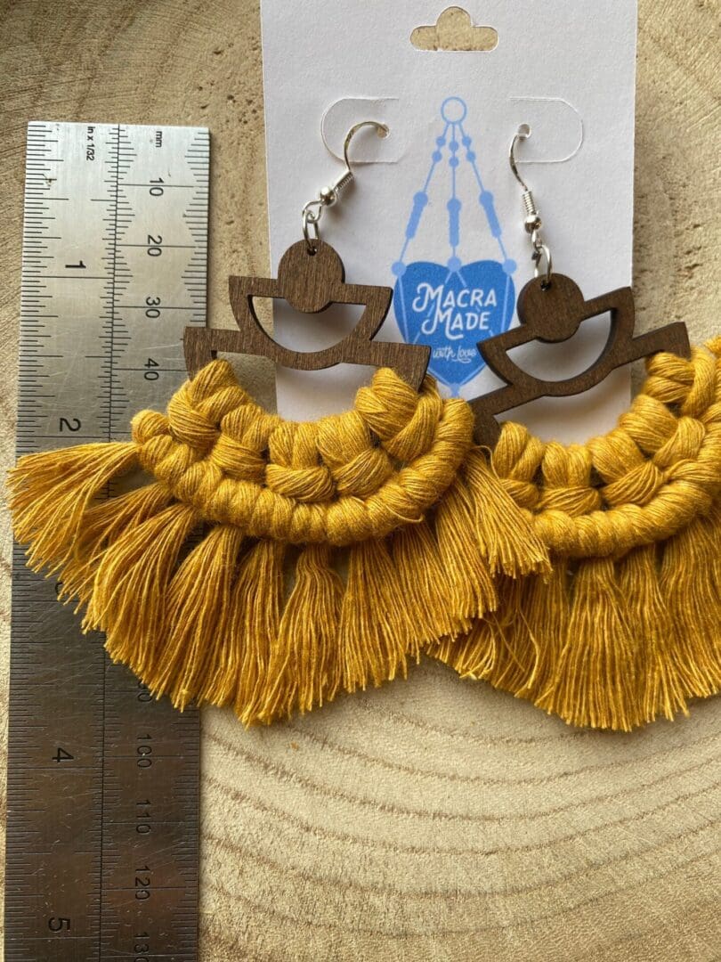 Macrame fringed earrings made with walnut wood and recycled cotton