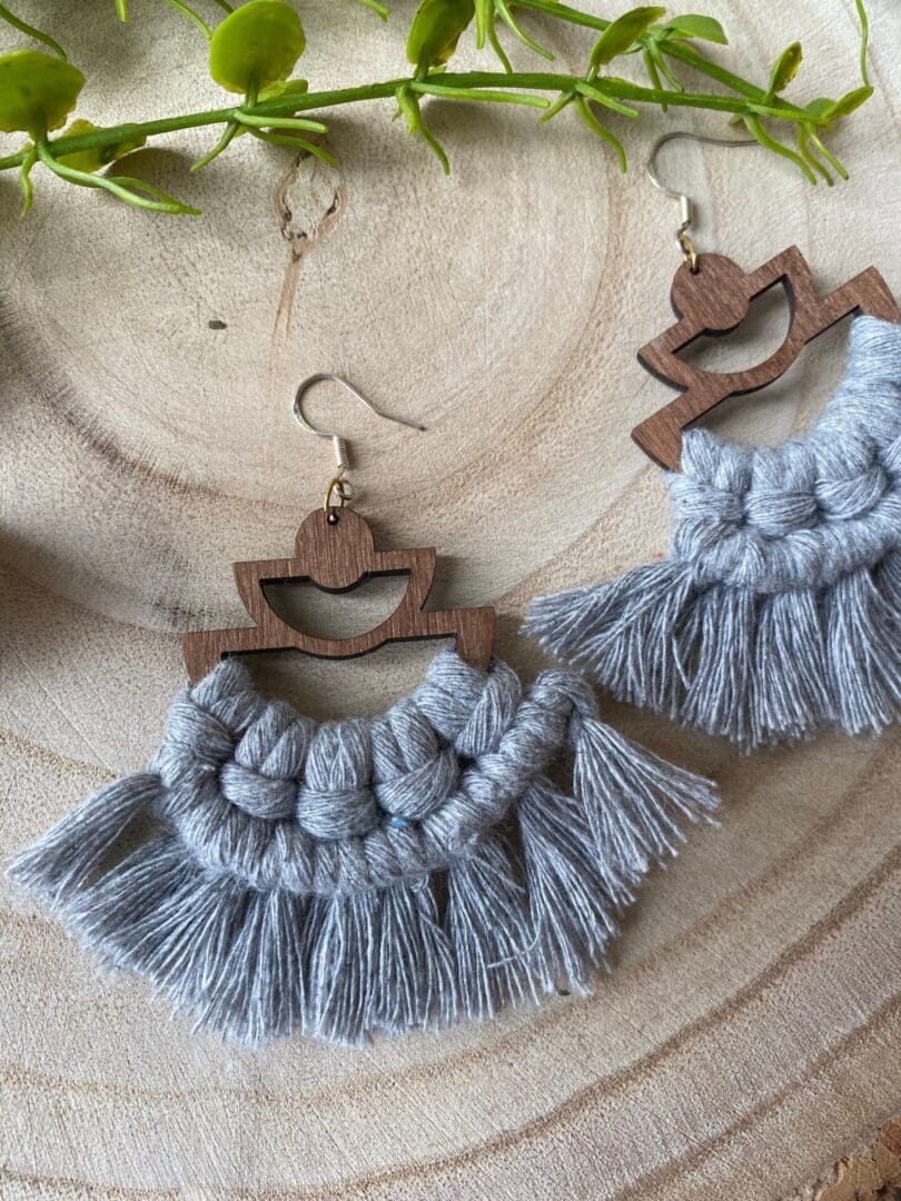 Macrame fringed earrings made with walnut wood and recycled cotton