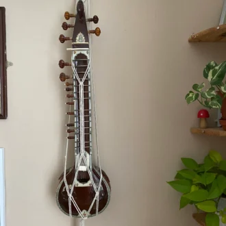 Macrame sitar instrument display wall hanging made with recycled cotton