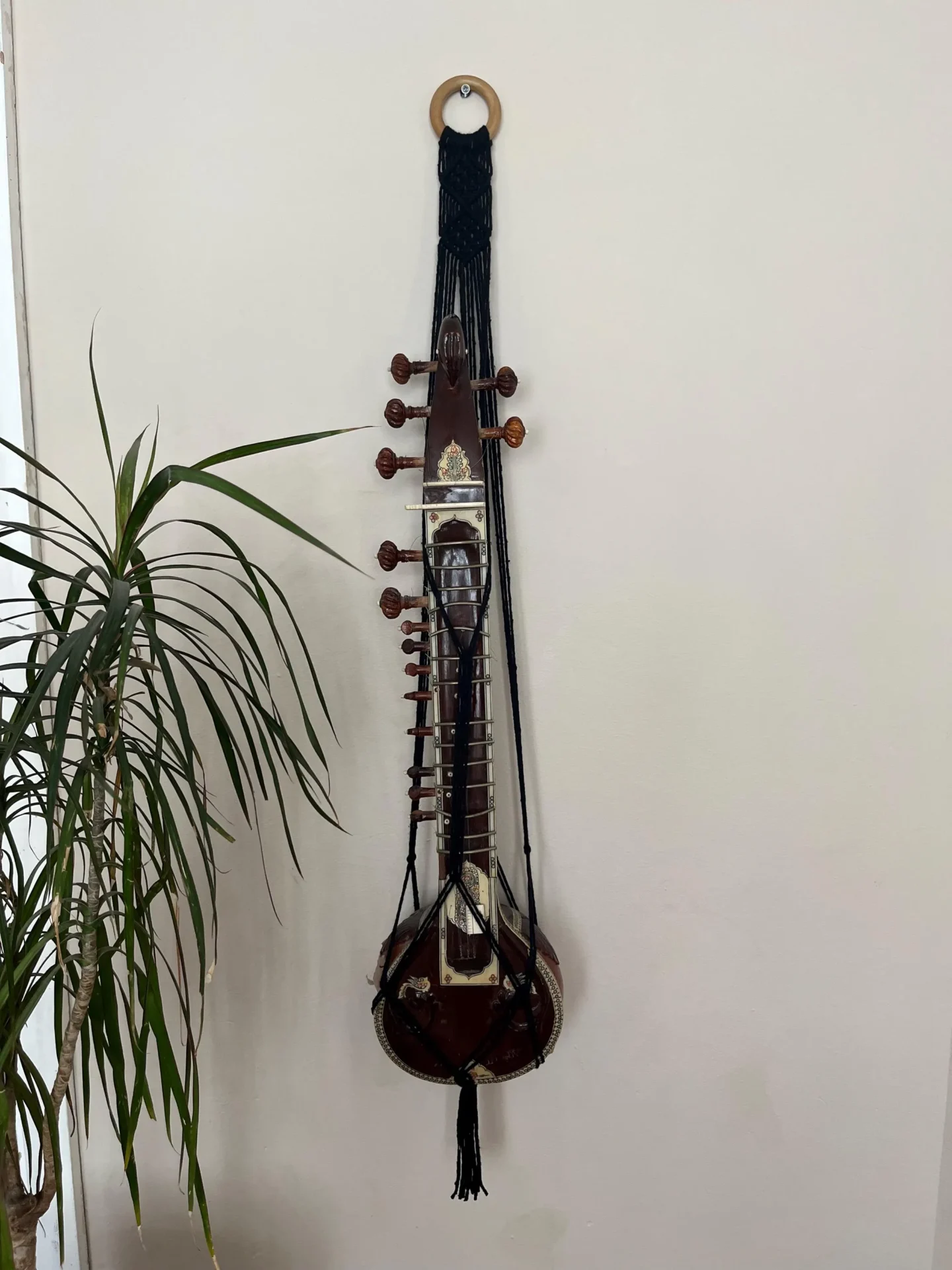 Macrame sitar instrument display wall hanging made with recycled cotton