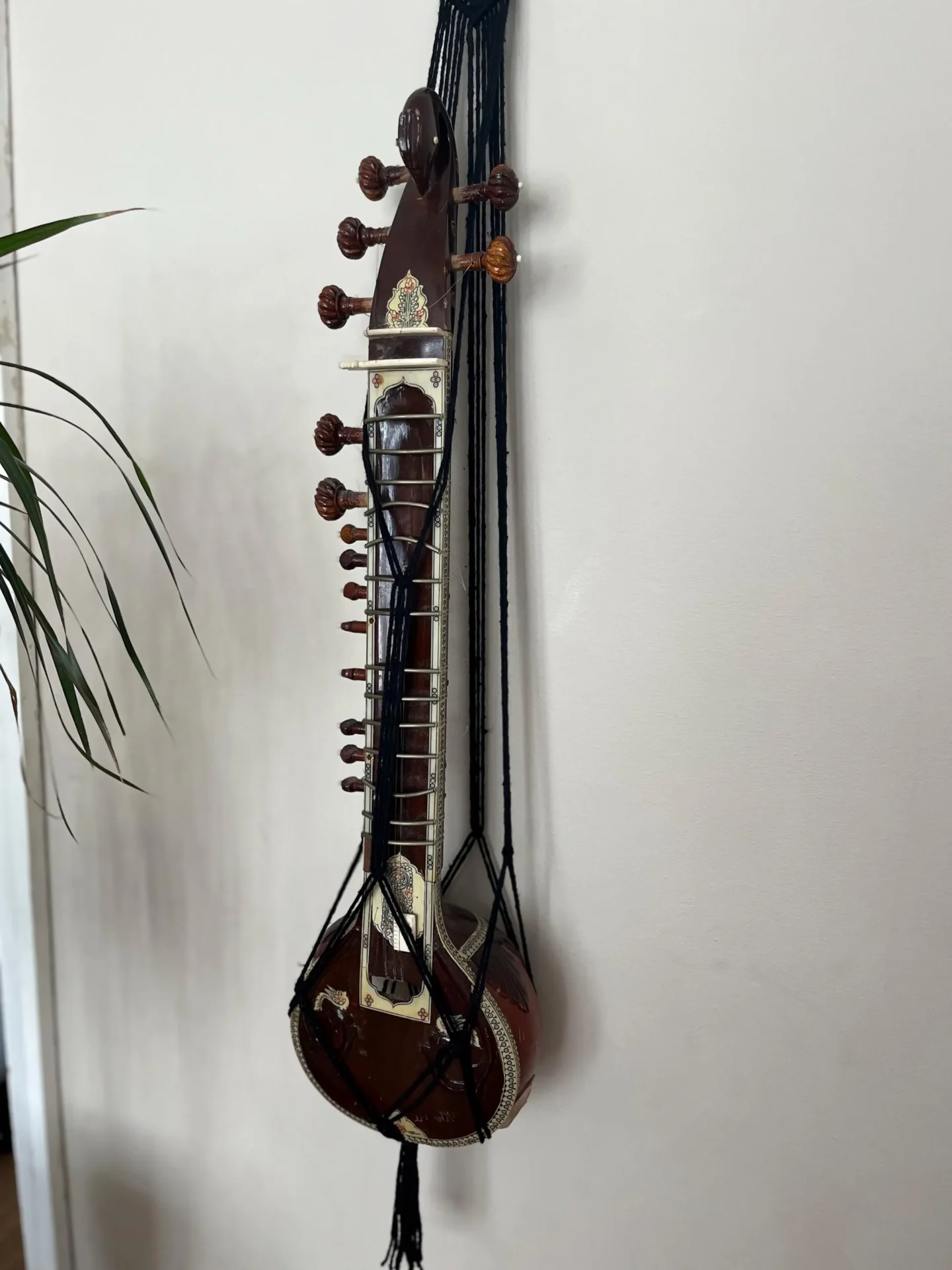 Macrame sitar instrument display wall hanging made with recycled cotton