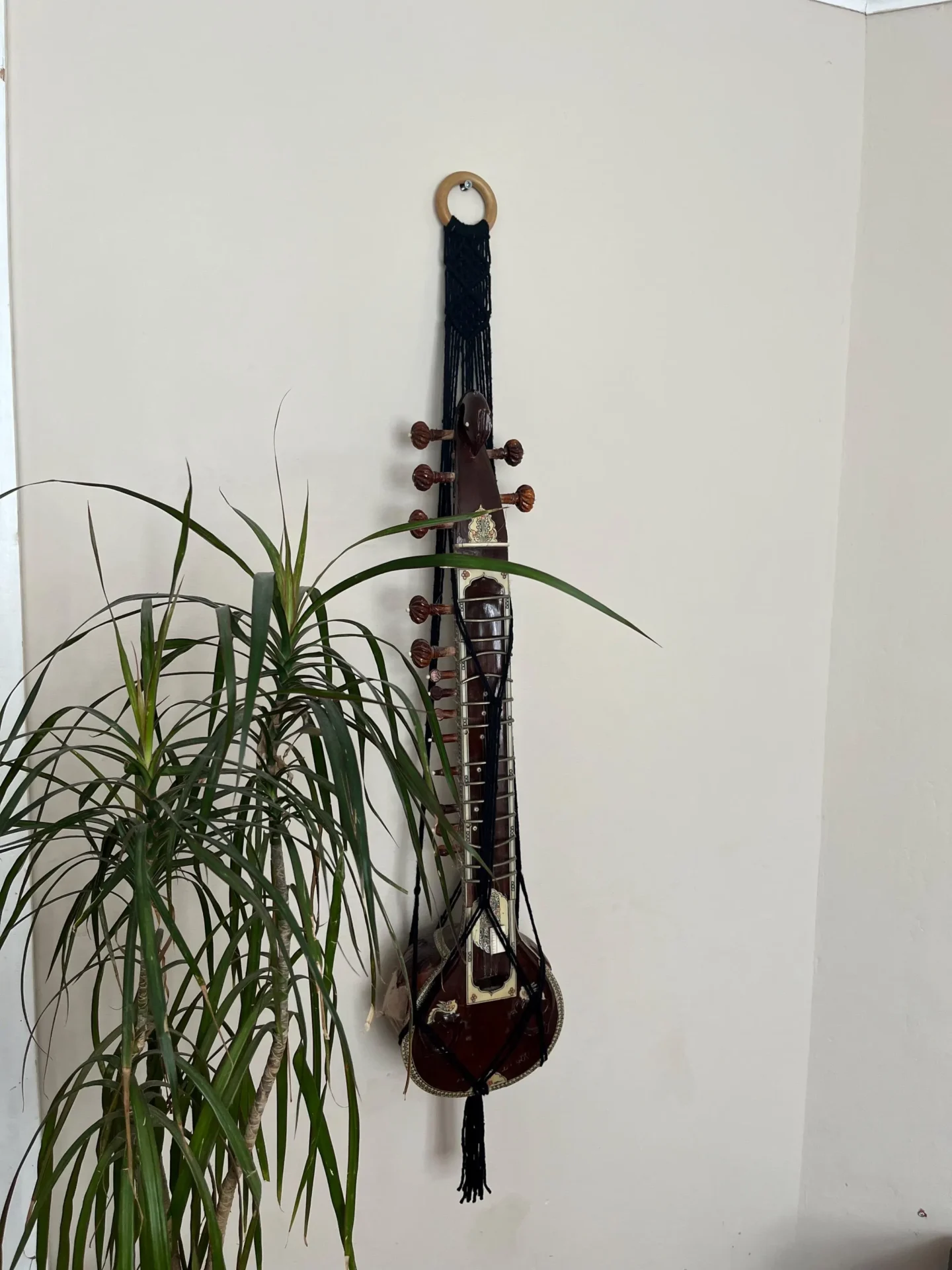 Macrame sitar instrument display wall hanging made with recycled cotton