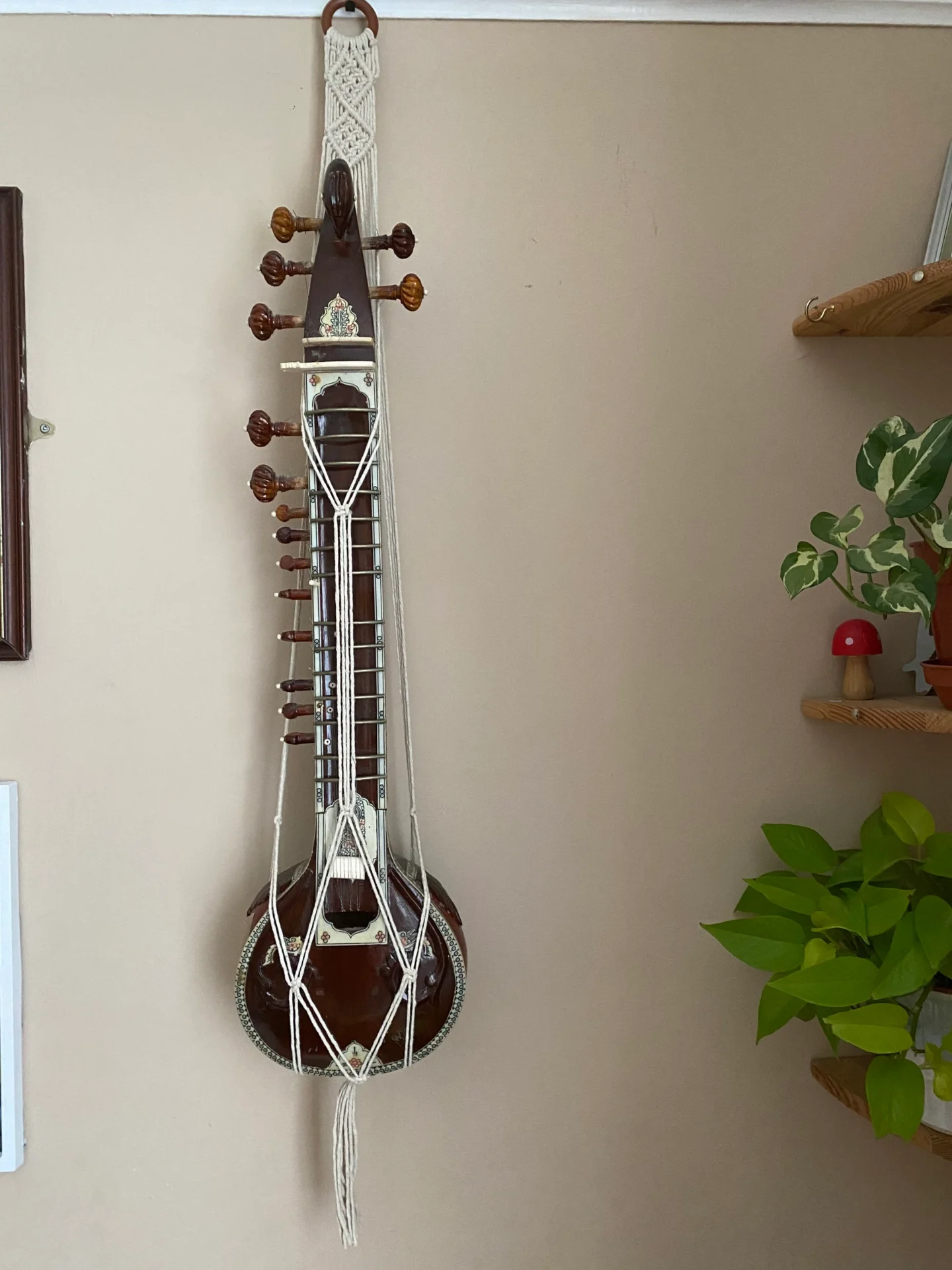 Macrame sitar instrument display wall hanging made with recycled cotton