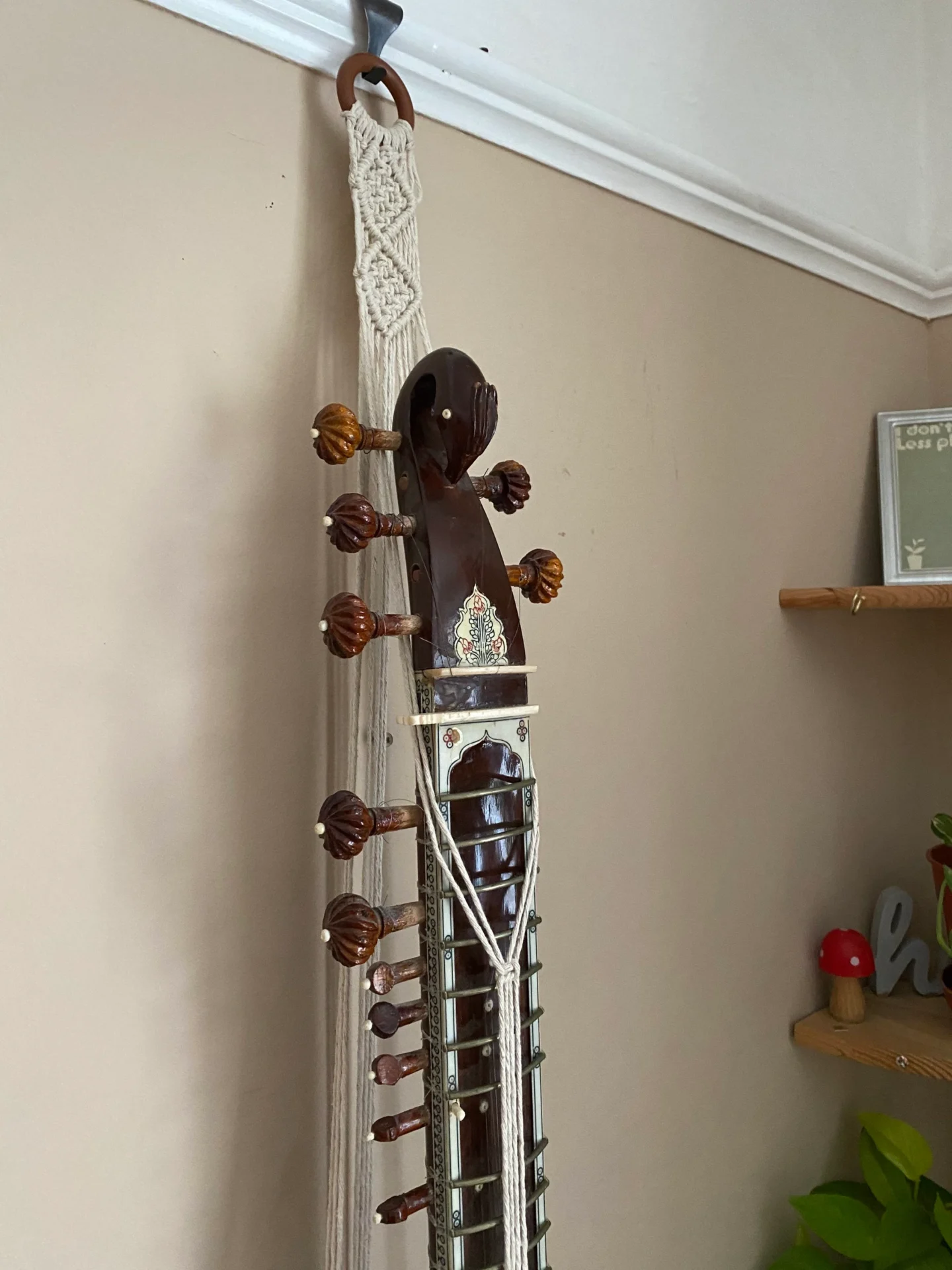 Macrame sitar instrument display wall hanging made with recycled cotton