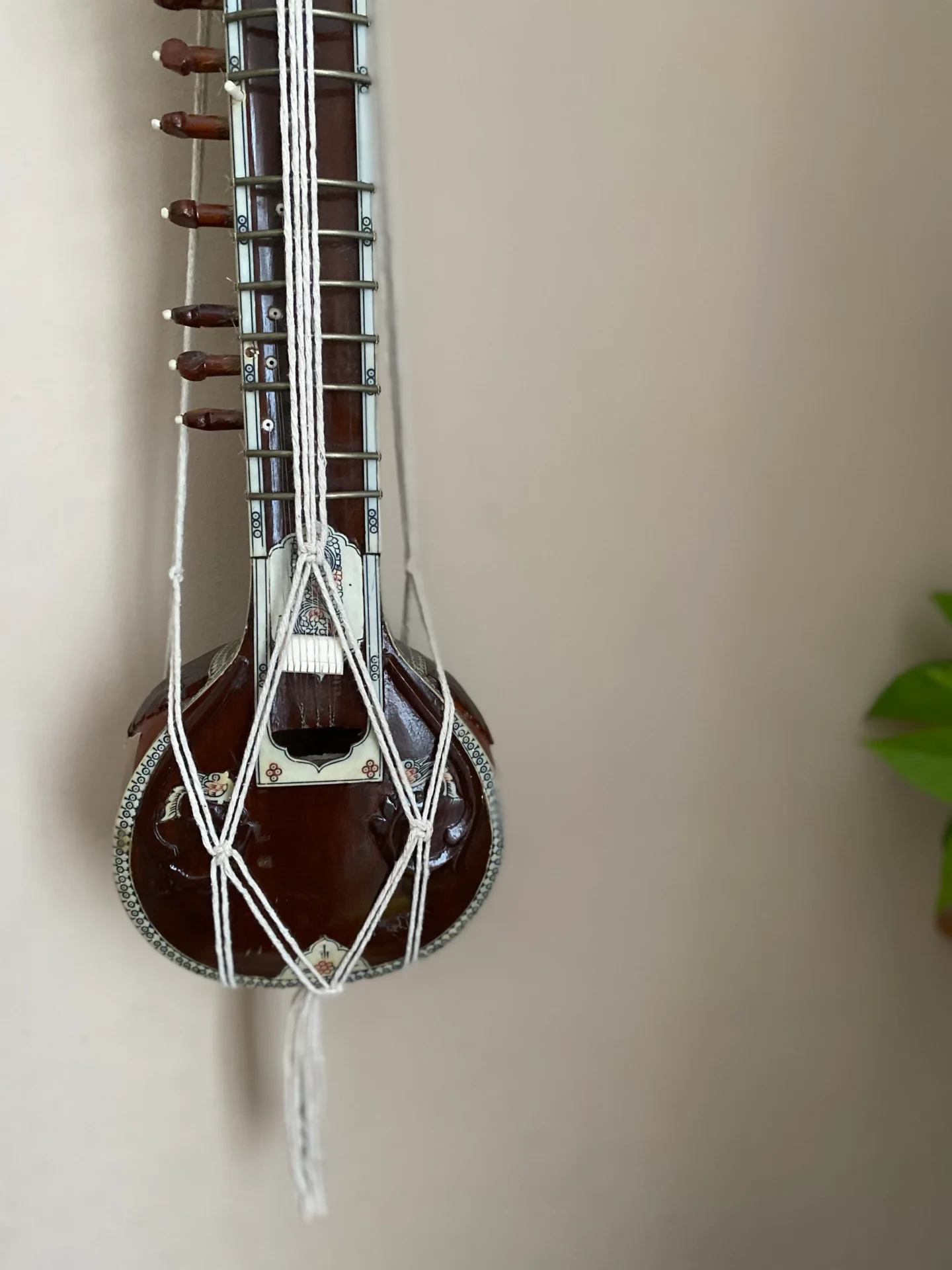 Macrame sitar instrument display wall hanging made with recycled cotton