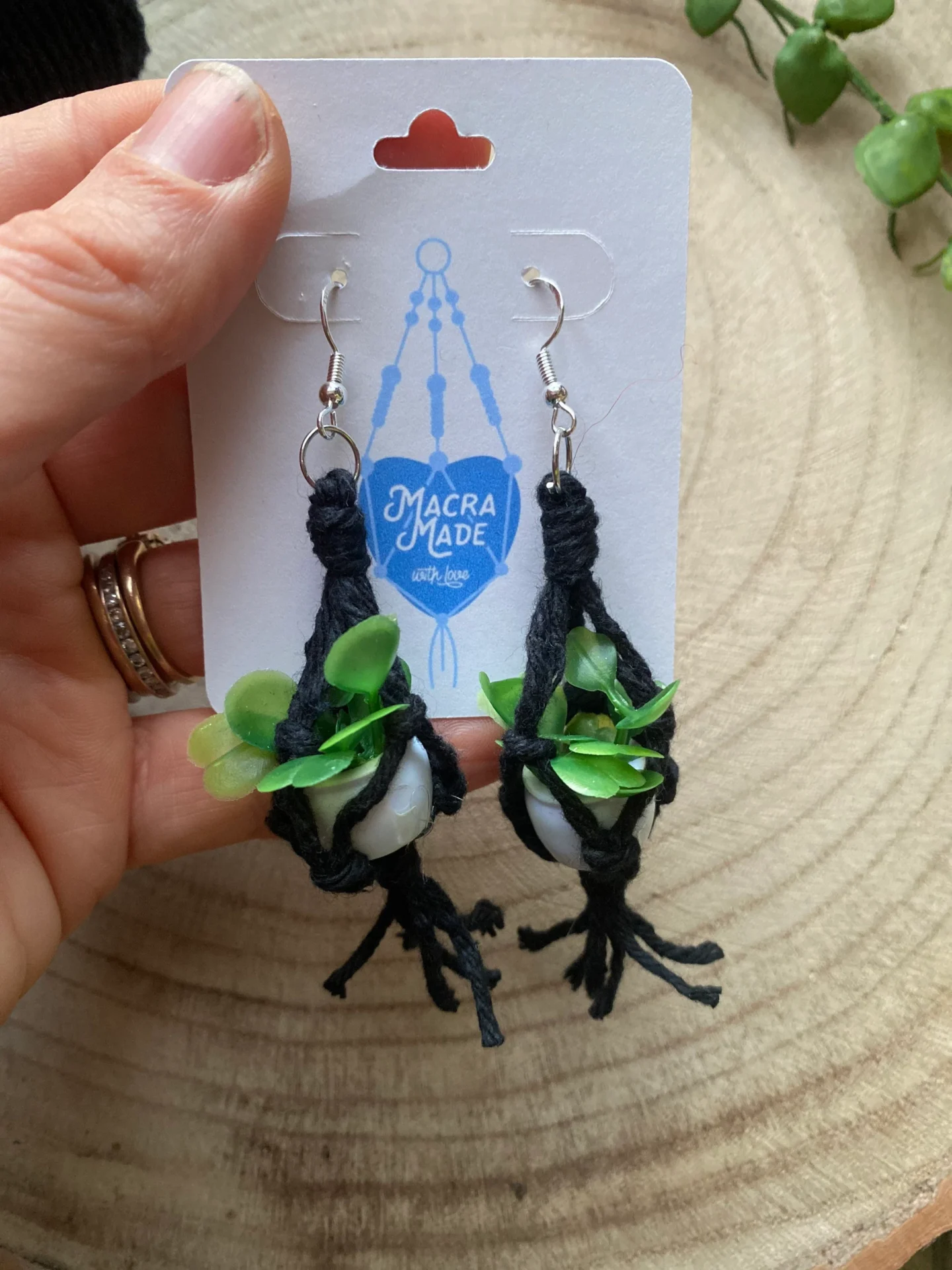 Mini macrame plant hanger earrings made with recycled cotton