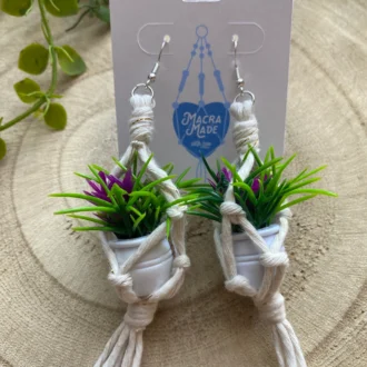 Mini macrame plant hanger earrings made with recycled cotton