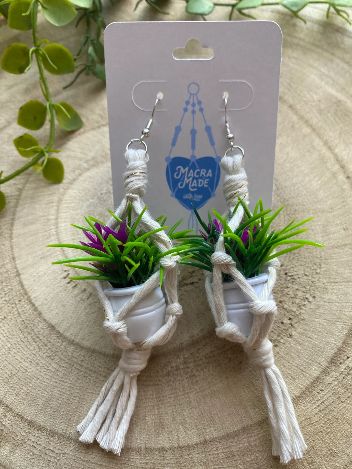 Mini macrame plant hanger earrings made with recycled cotton